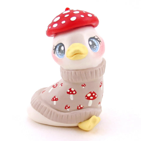 Mushroom Sweater Goose Figurine - Polymer Clay Animals Fall and Halloween Collection
