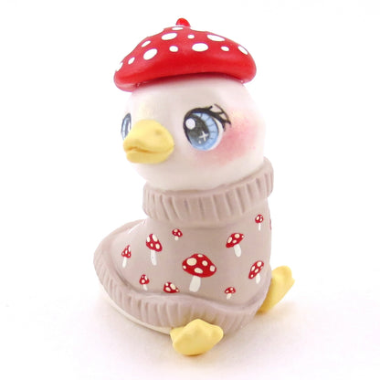 Mushroom Sweater Goose Figurine - Polymer Clay Animals Fall and Halloween Collection