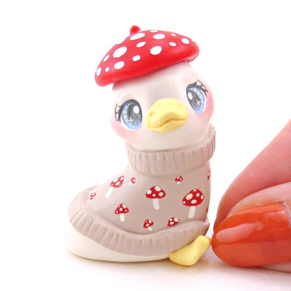 Mushroom Sweater Goose Figurine - Polymer Clay Animals Fall and Halloween Collection