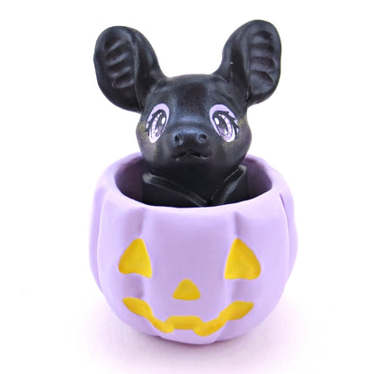 "Pastel Halloween" Bat in a Purple Jack O' Lantern Pumpkin Figurine - Polymer Clay Animals Fall and Halloween Collection