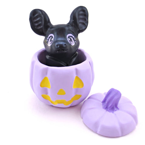 "Pastel Halloween" Bat in a Purple Jack O' Lantern Pumpkin Figurine - Polymer Clay Animals Fall and Halloween Collection
