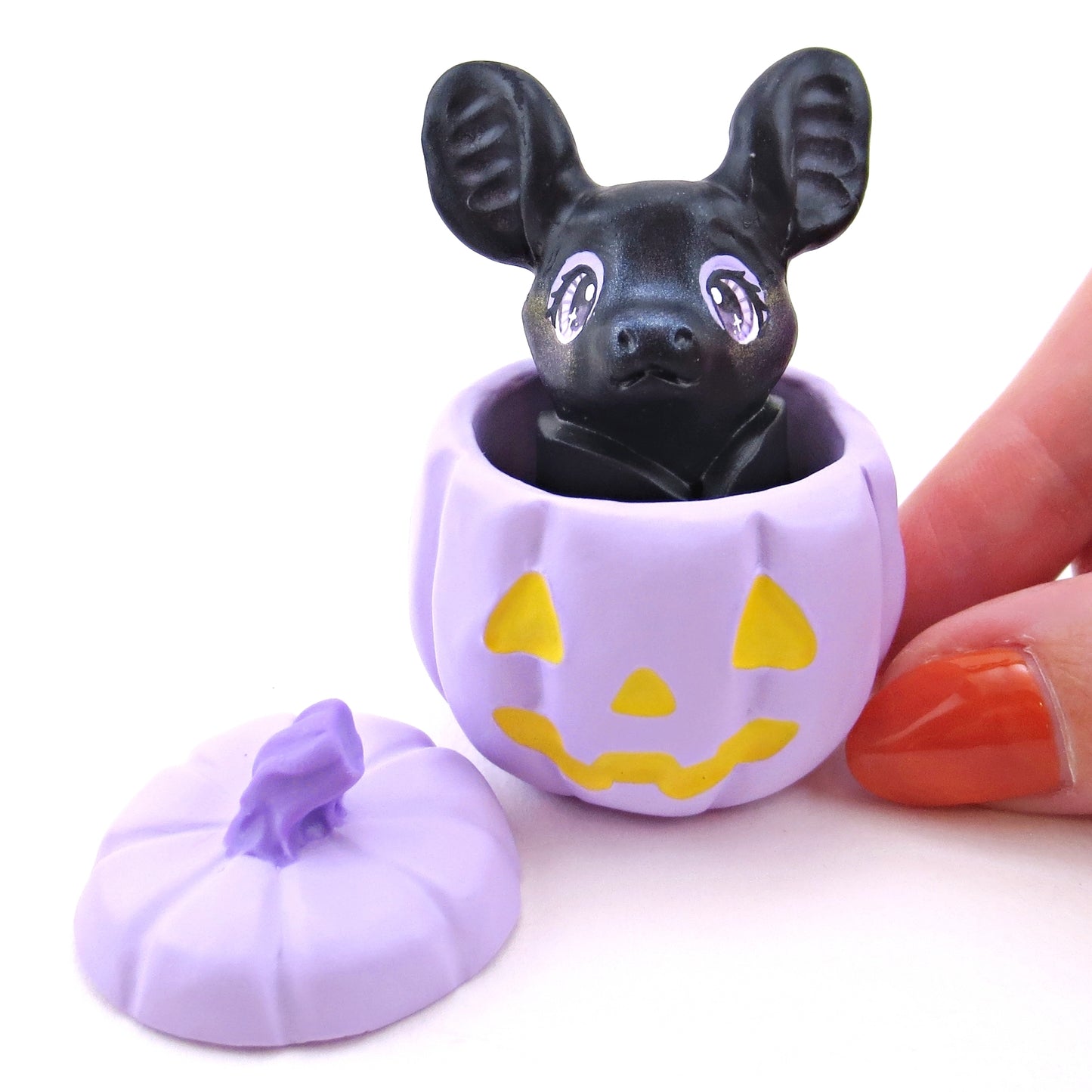 "Pastel Halloween" Bat in a Purple Jack O' Lantern Pumpkin Figurine - Polymer Clay Animals Fall and Halloween Collection