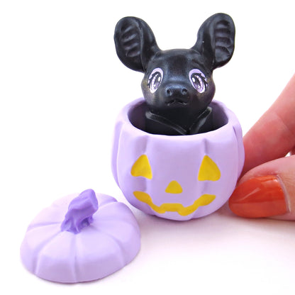 "Pastel Halloween" Bat in a Purple Jack O' Lantern Pumpkin Figurine - Polymer Clay Animals Fall and Halloween Collection