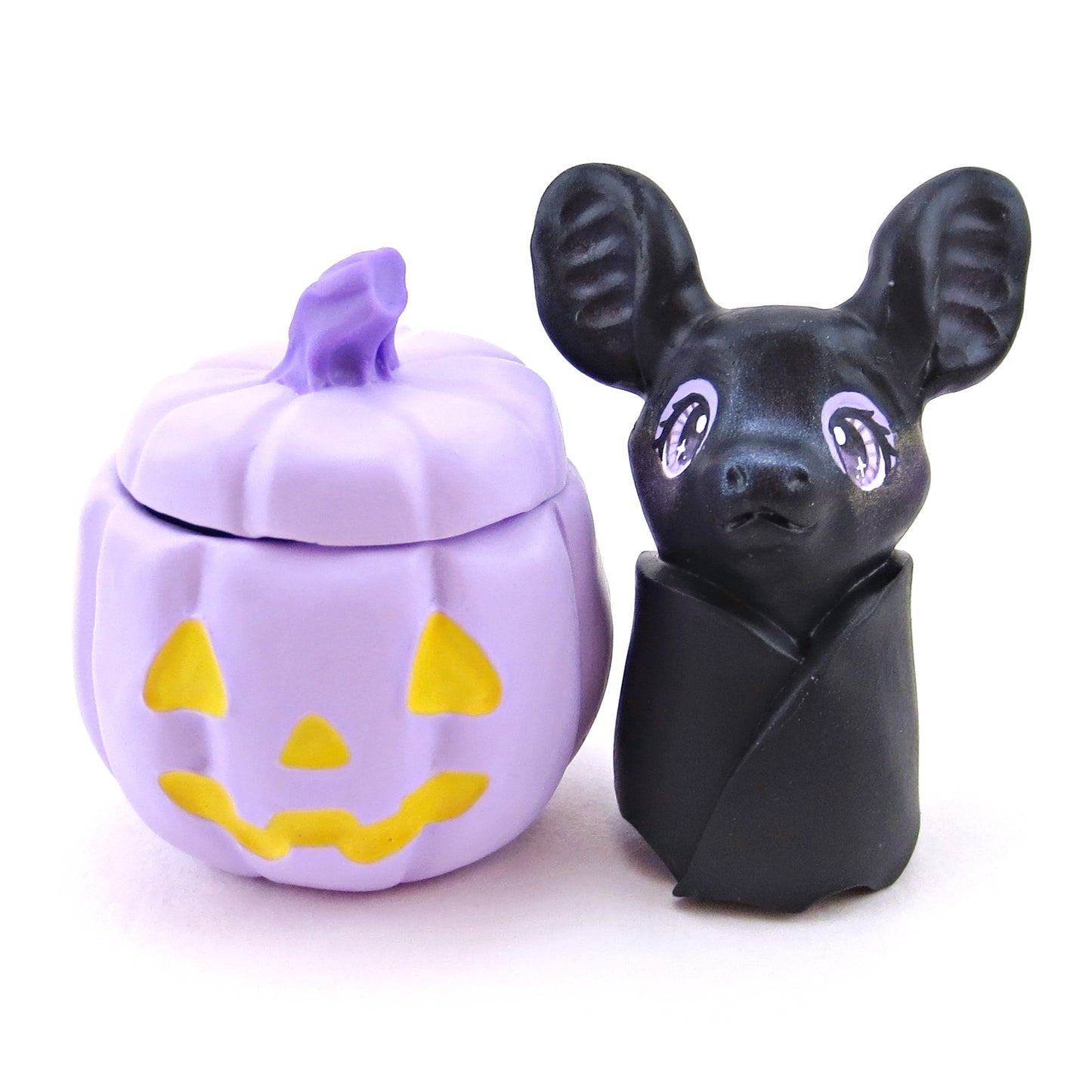 "Pastel Halloween" Bat in a Purple Jack O' Lantern Pumpkin Figurine - Polymer Clay Animals Fall and Halloween Collection