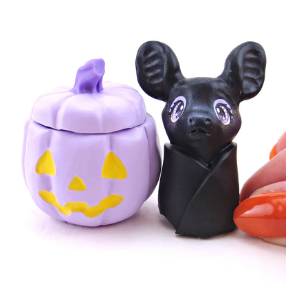 "Pastel Halloween" Bat in a Purple Jack O' Lantern Pumpkin Figurine - Polymer Clay Animals Fall and Halloween Collection