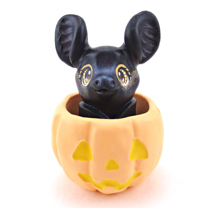 "Pastel Halloween" Bat in an Orange Jack O' Lantern Pumpkin Figurine - Polymer Clay Animals Fall and Halloween Collection