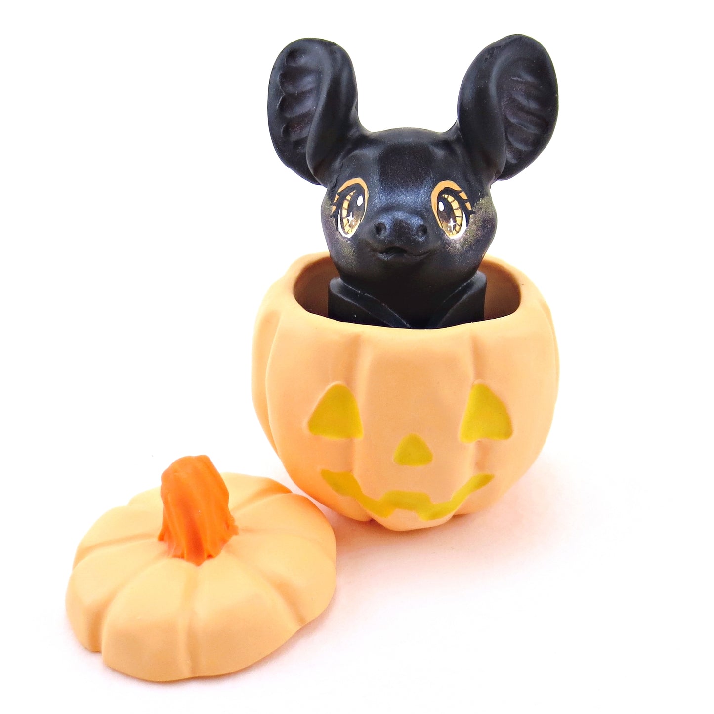 "Pastel Halloween" Bat in an Orange Jack O' Lantern Pumpkin Figurine - Polymer Clay Animals Fall and Halloween Collection