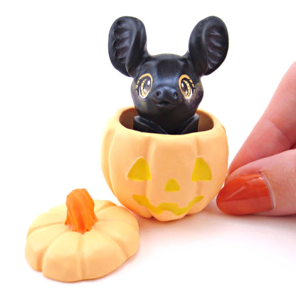 "Pastel Halloween" Bat in an Orange Jack O' Lantern Pumpkin Figurine - Polymer Clay Animals Fall and Halloween Collection