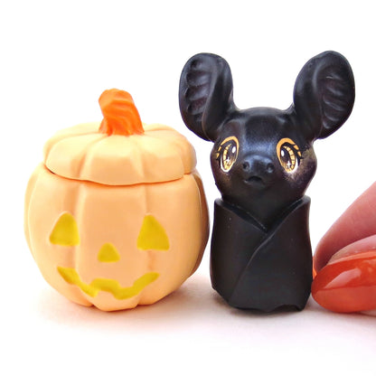 "Pastel Halloween" Bat in an Orange Jack O' Lantern Pumpkin Figurine - Polymer Clay Animals Fall and Halloween Collection