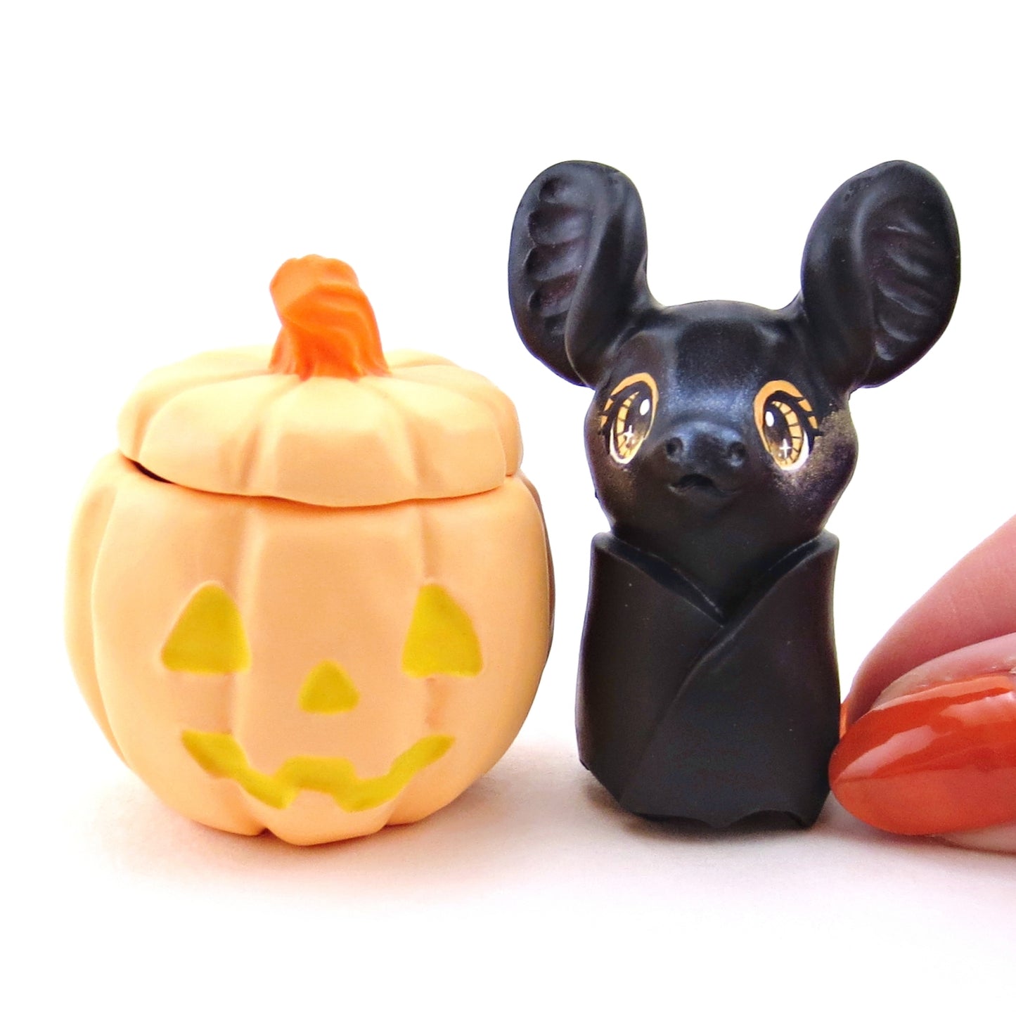 "Pastel Halloween" Bat in an Orange Jack O' Lantern Pumpkin Figurine - Polymer Clay Animals Fall and Halloween Collection