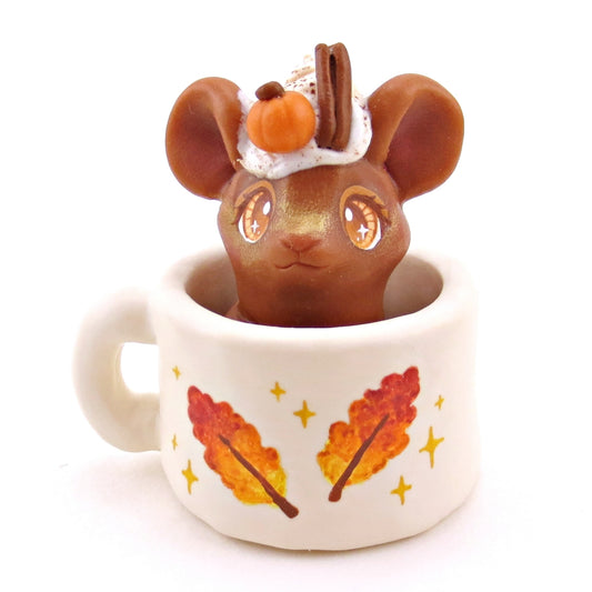 Pumpkin Spice Latte Mouse in a Leaf Mug Figurine - Polymer Clay Animals Fall and Halloween Collection