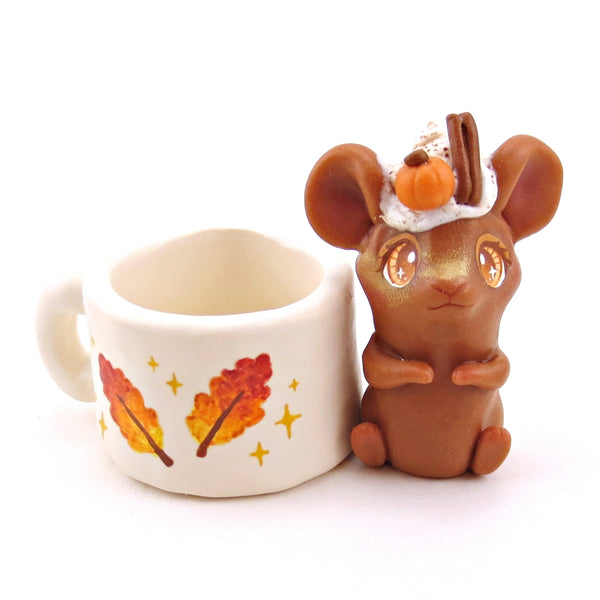 Pumpkin Spice Latte Mouse in a Leaf Mug Figurine - Polymer Clay Animals Fall and Halloween Collection