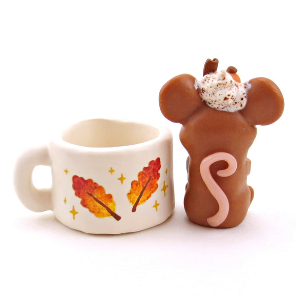 Pumpkin Spice Latte Mouse in a Leaf Mug Figurine - Polymer Clay Animals Fall and Halloween Collection