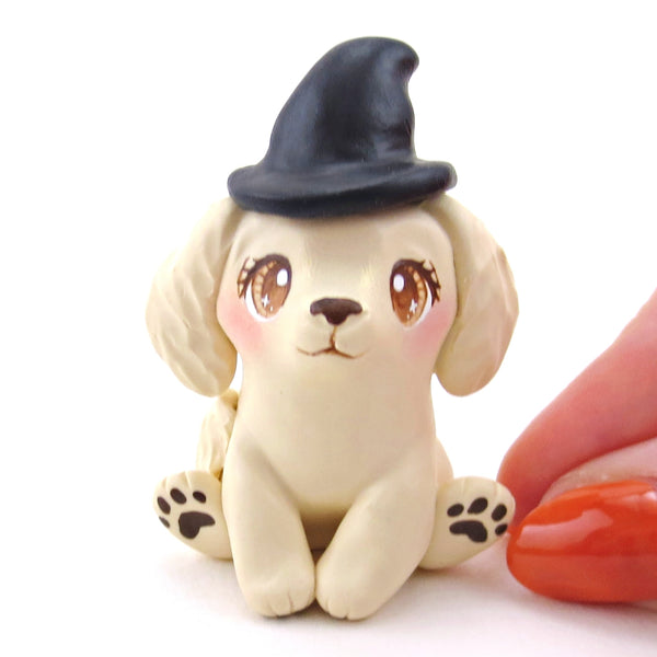 Witch Hat Golden Retriever Puppy Dog Figurine - Polymer Clay Animals Fall and Halloween Collection
