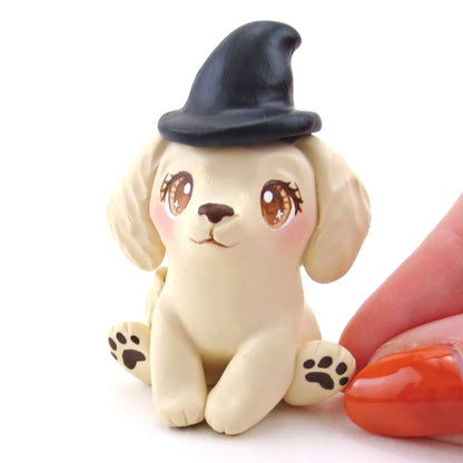 Witch Hat Golden Retriever Puppy Dog Figurine - Polymer Clay Animals Fall and Halloween Collection