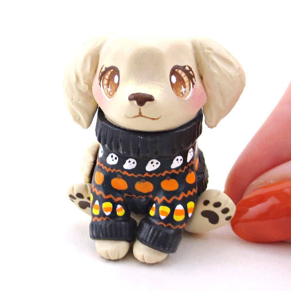 Halloween Sweater Golden Retriever Puppy Dog Figurine - Polymer Clay Animals Fall and Halloween Collection