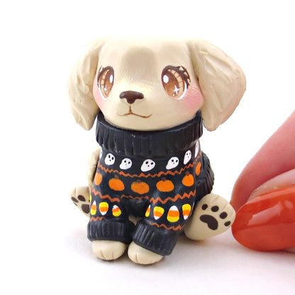 Halloween Sweater Golden Retriever Puppy Dog Figurine - Polymer Clay Animals Fall and Halloween Collection