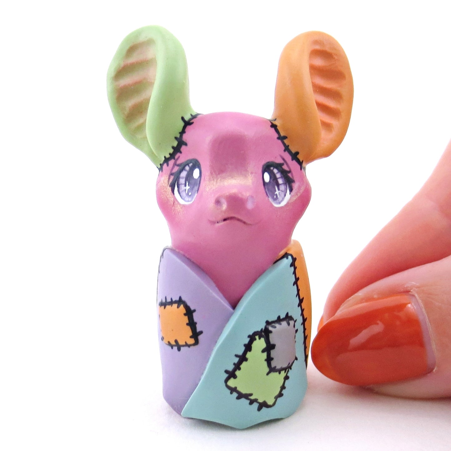 Patchwork Magenta Frankenbat Bat Figurine - Polymer Clay Animals Fall and Halloween Collection