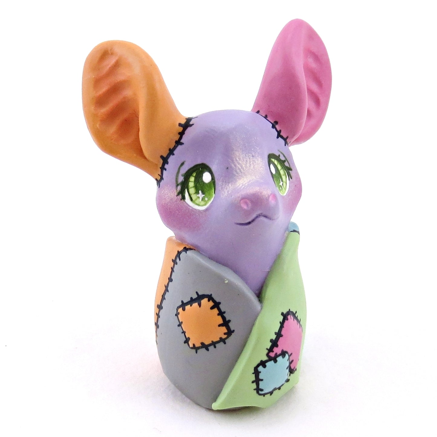 Patchwork Periwinkle Frankenbat Bat Figurine - Polymer Clay Animals Fall and Halloween Collection