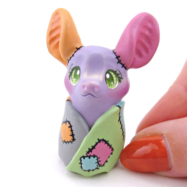 Patchwork Periwinkle Frankenbat Bat Figurine - Polymer Clay Animals Fall and Halloween Collection