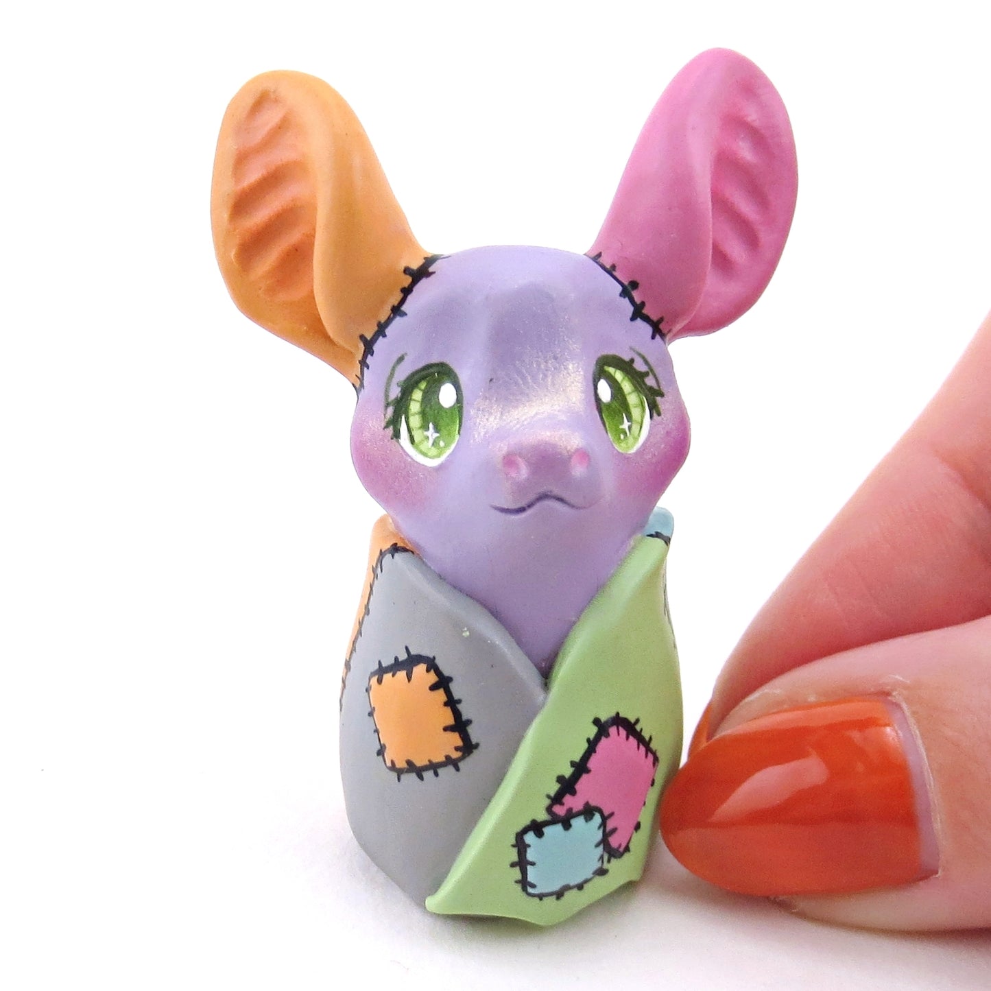 Patchwork Periwinkle Frankenbat Bat Figurine - Polymer Clay Animals Fall and Halloween Collection