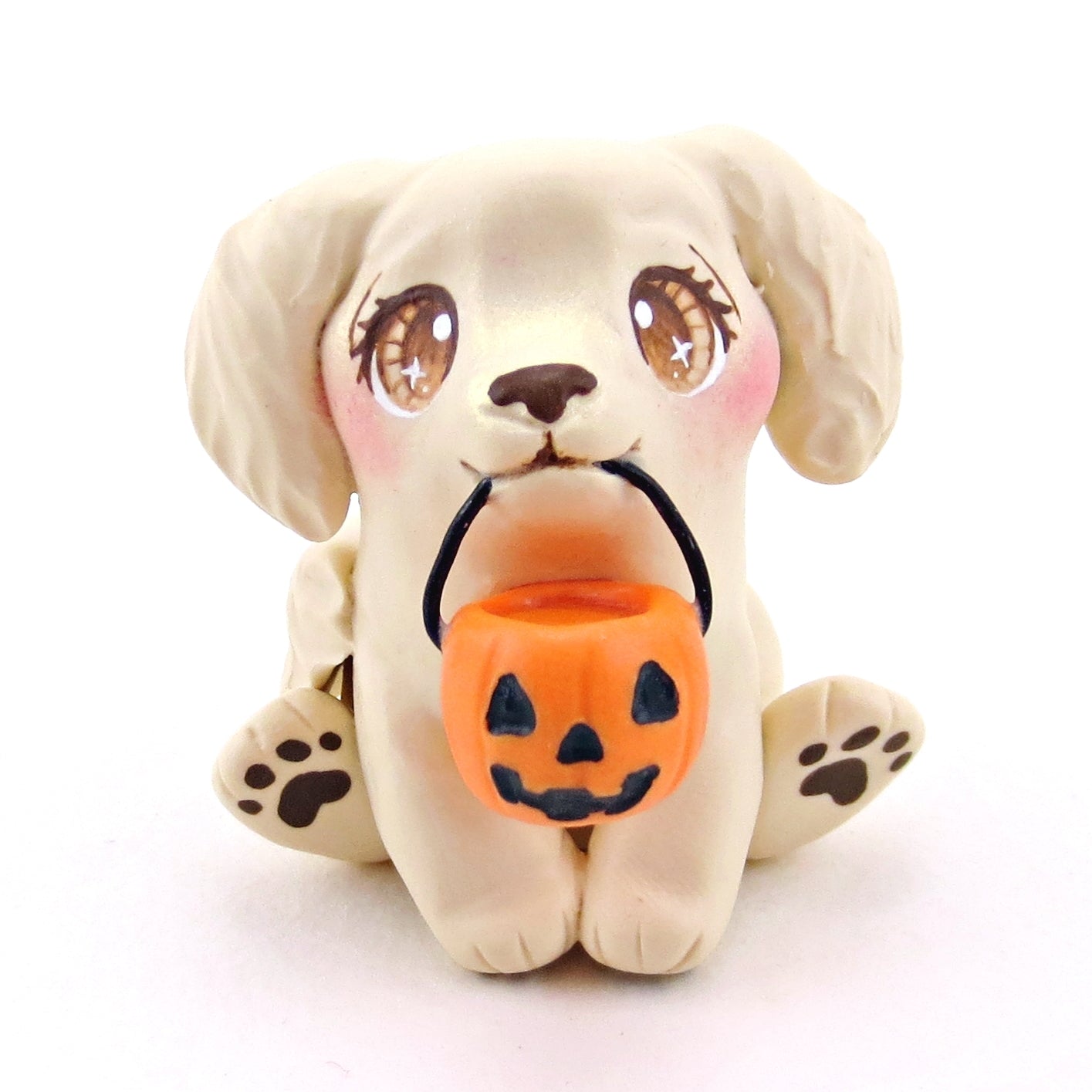 Pumpkin Pail Golden Retriever Puppy Dog Figurine - Polymer Clay Animals Fall and Halloween Collection