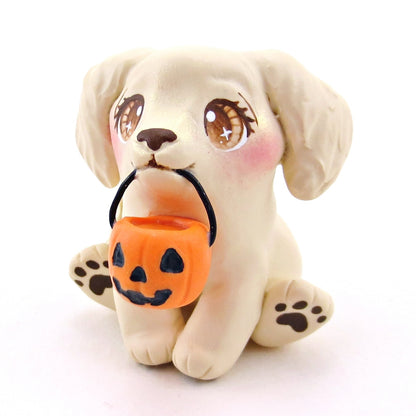 Pumpkin Pail Golden Retriever Puppy Dog Figurine - Polymer Clay Animals Fall and Halloween Collection