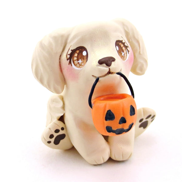 Pumpkin Pail Golden Retriever Puppy Dog Figurine - Polymer Clay Animals Fall and Halloween Collection