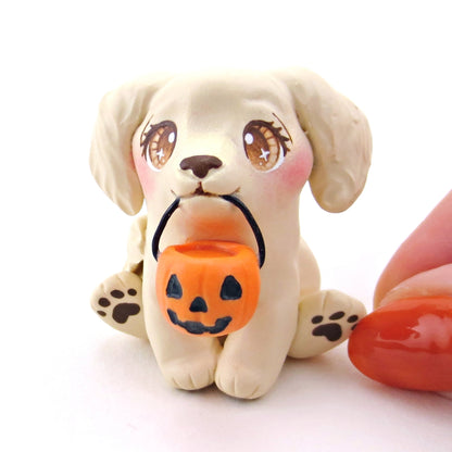 Pumpkin Pail Golden Retriever Puppy Dog Figurine - Polymer Clay Animals Fall and Halloween Collection