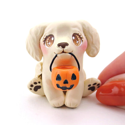 Pumpkin Pail Golden Retriever Puppy Dog Figurine - Polymer Clay Animals Fall and Halloween Collection