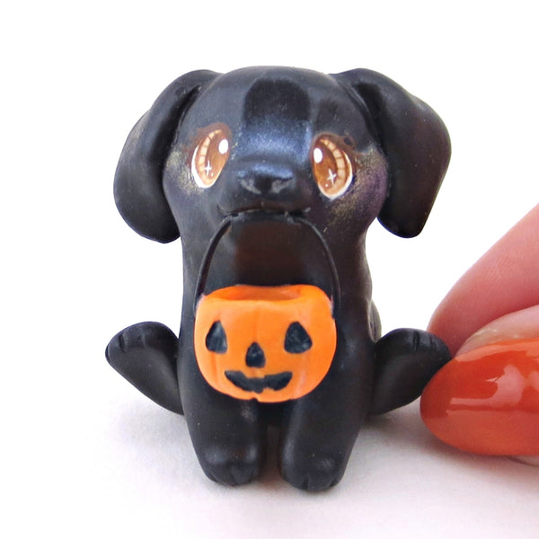 Pumpkin Pail Black Labrador Puppy Dog Figurine - Polymer Clay Animals Fall and Halloween Collection