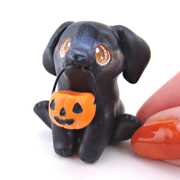 Pumpkin Pail Black Labrador Puppy Dog Figurine - Polymer Clay Animals Fall and Halloween Collection