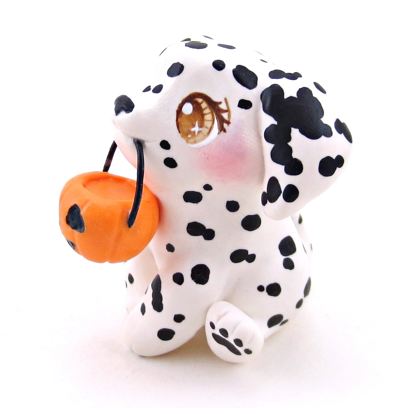 Pumpkin Pail Dalmatian Puppy Dog Figurine - Polymer Clay Animals Fall and Halloween Collection