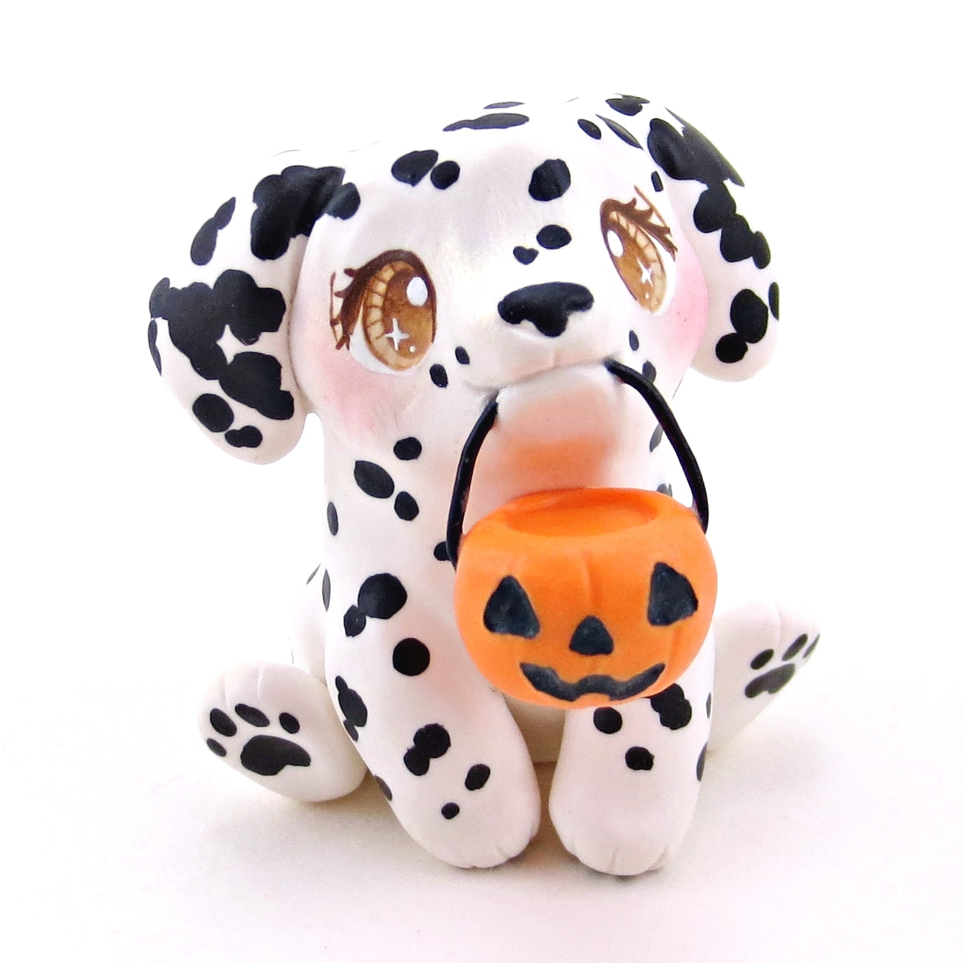 Pumpkin Pail Dalmatian Puppy Dog Figurine - Polymer Clay Animals Fall and Halloween Collection