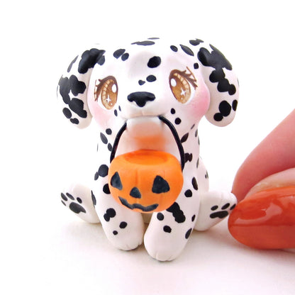 Pumpkin Pail Dalmatian Puppy Dog Figurine - Polymer Clay Animals Fall and Halloween Collection