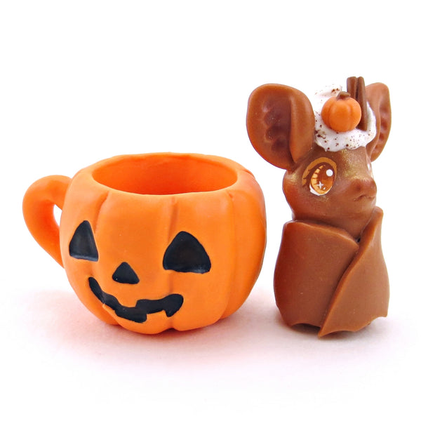 Pumpkin Spice Latte Bat in a Jack O' Lantern Pumpkin Mug Figurine Set - Polymer Clay Animals Fall and Halloween Collection