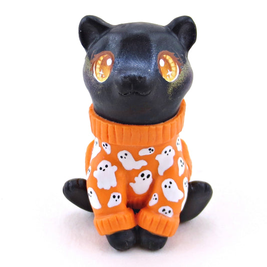 Ghostie Sweater Black Cat Figurine - Polymer Clay Animals Fall and Halloween Collection