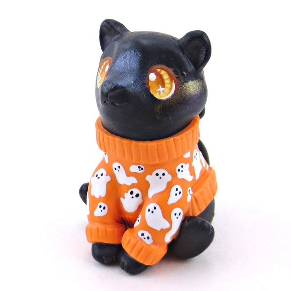 Ghostie Sweater Black Cat Figurine - Polymer Clay Animals Fall and Halloween Collection