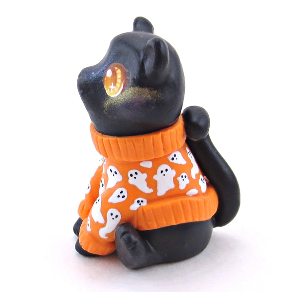 Ghostie Sweater Black Cat Figurine - Polymer Clay Animals Fall and Halloween Collection