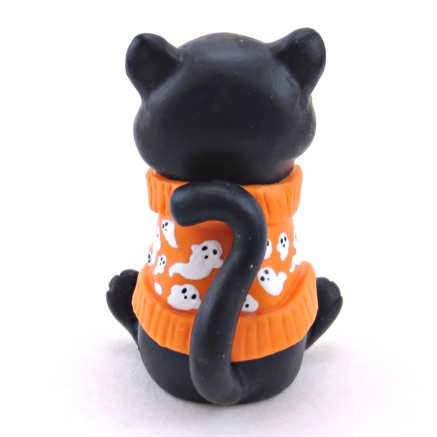 Ghostie Sweater Black Cat Figurine - Polymer Clay Animals Fall and Halloween Collection