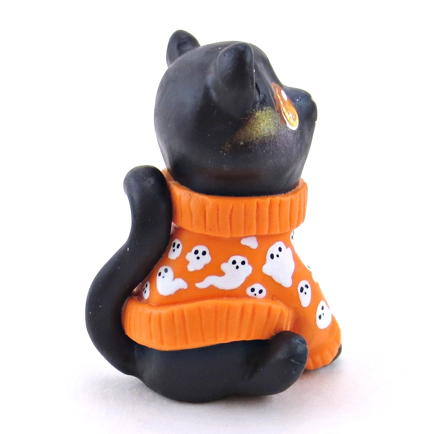 Ghostie Sweater Black Cat Figurine - Polymer Clay Animals Fall and Halloween Collection