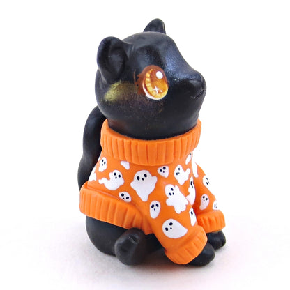 Ghostie Sweater Black Cat Figurine - Polymer Clay Animals Fall and Halloween Collection