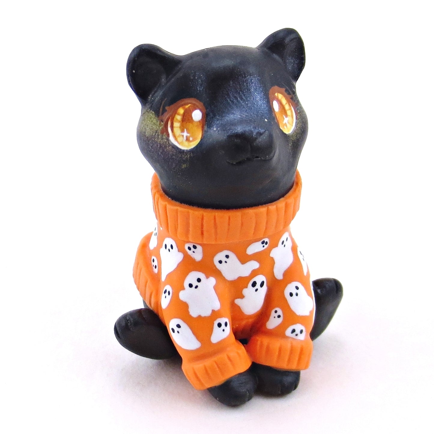 Ghostie Sweater Black Cat Figurine - Polymer Clay Animals Fall and Halloween Collection