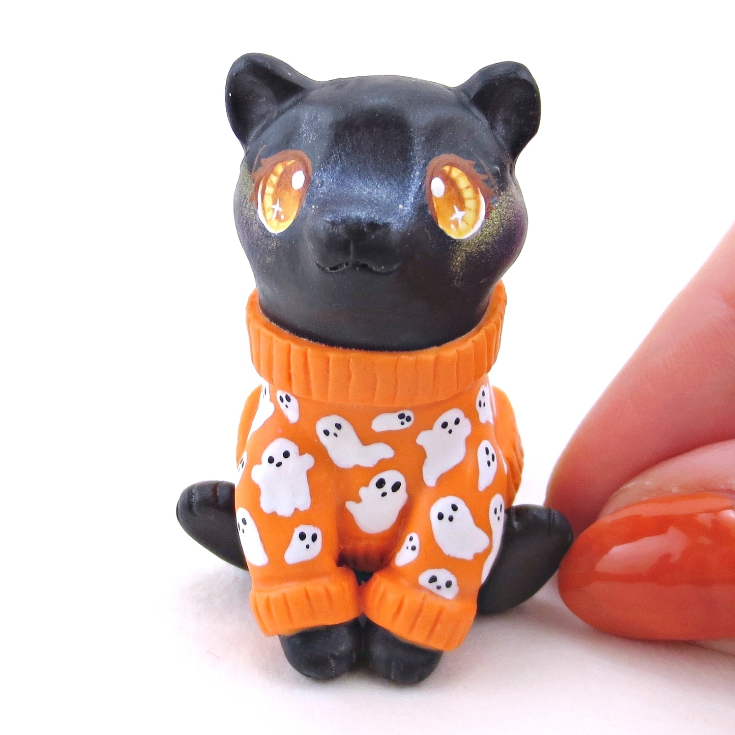 Ghostie Sweater Black Cat Figurine - Polymer Clay Animals Fall and Halloween Collection