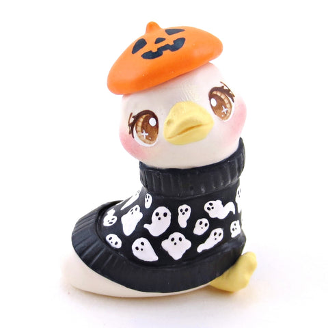 Ghostie Sweater Goose with a Jack O' Lantern Beret Figurine - Polymer Clay Animals Fall and Halloween Collection