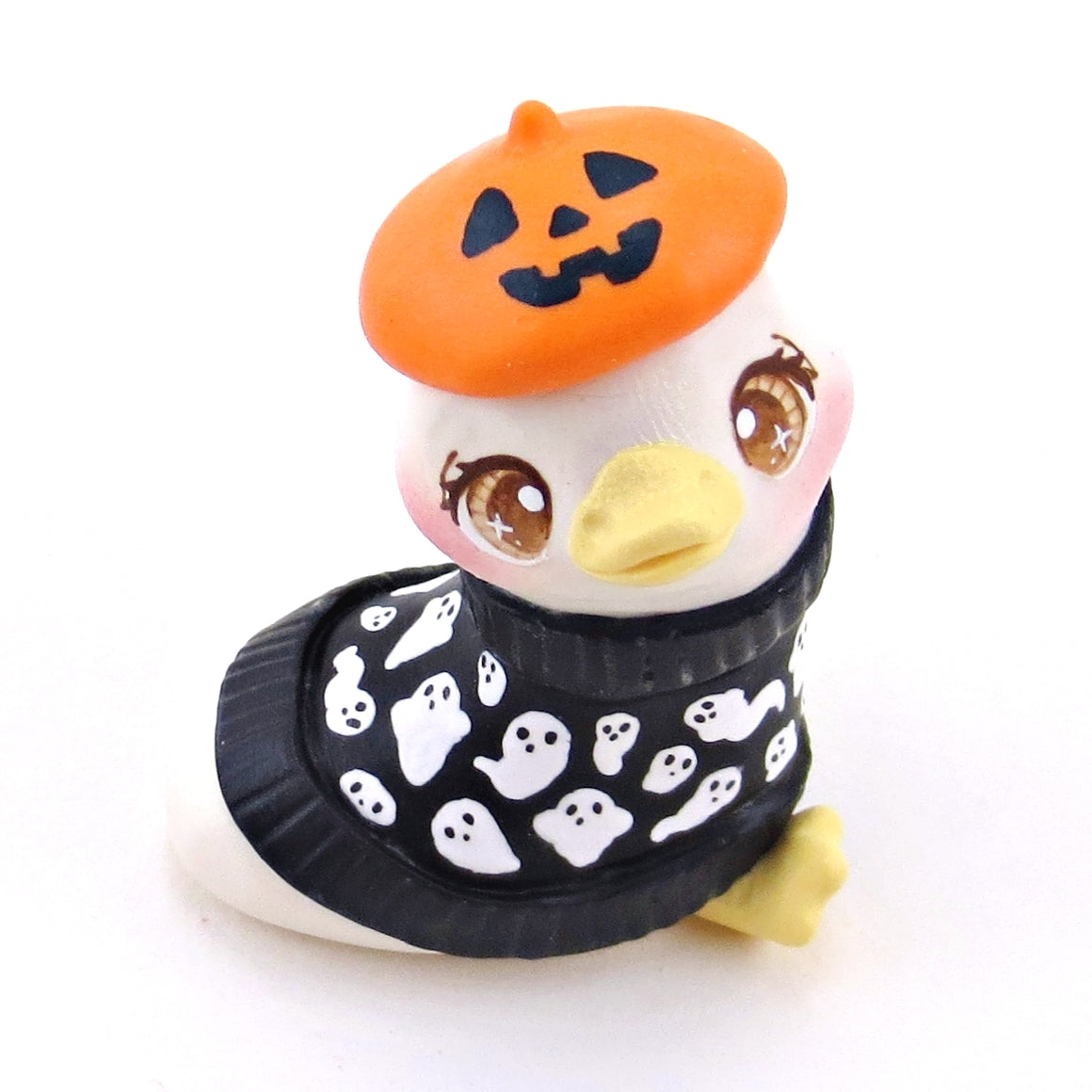 Ghostie Sweater Goose with a Jack O' Lantern Beret Figurine - Polymer Clay Animals Fall and Halloween Collection