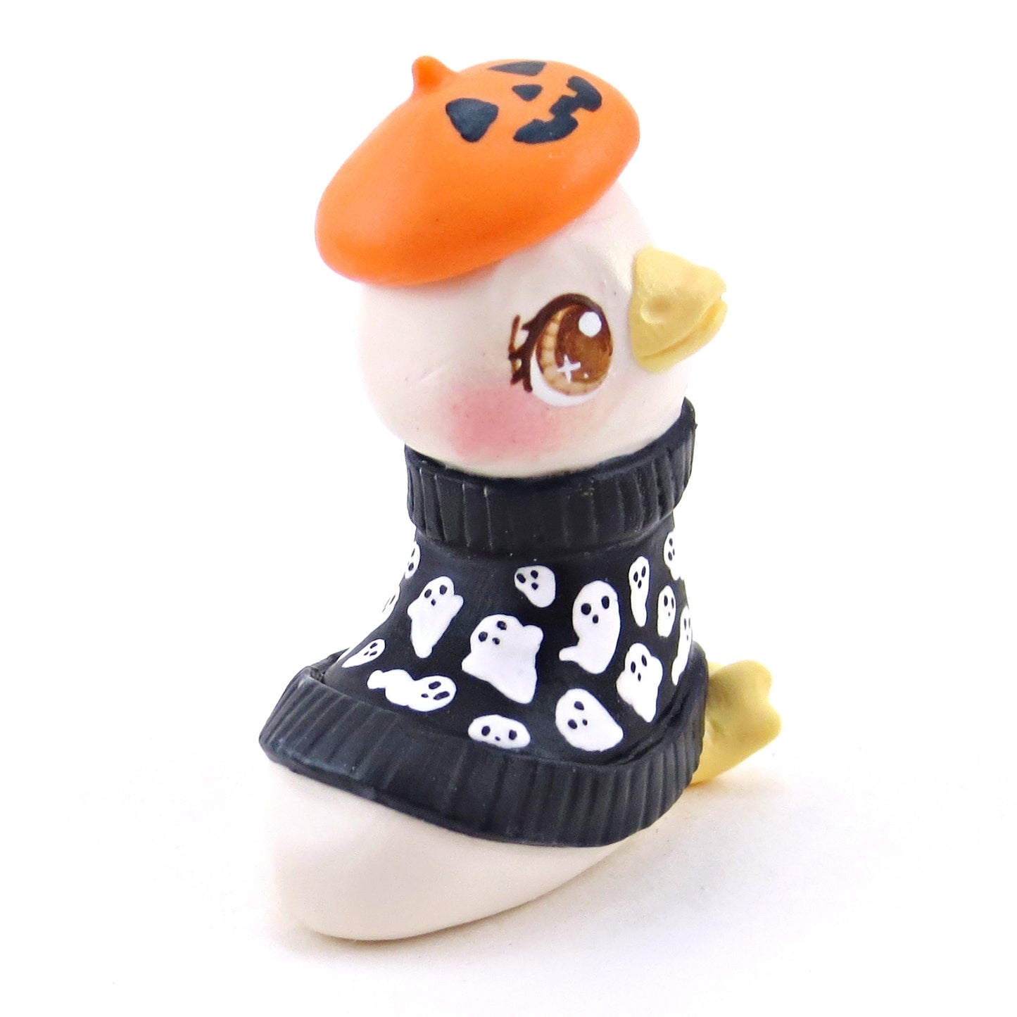 Ghostie Sweater Goose with a Jack O' Lantern Beret Figurine - Polymer Clay Animals Fall and Halloween Collection