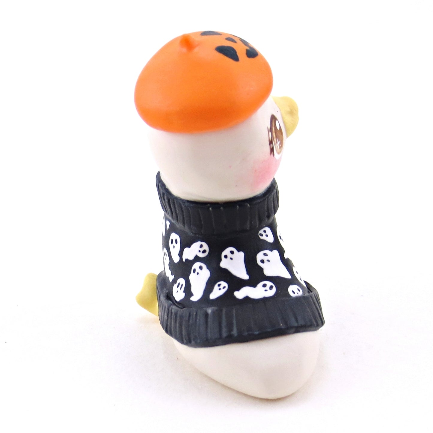 Ghostie Sweater Goose with a Jack O' Lantern Beret Figurine - Polymer Clay Animals Fall and Halloween Collection