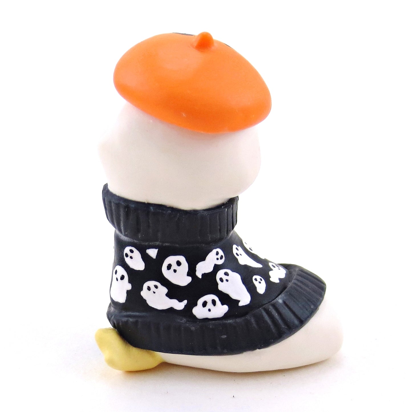 Ghostie Sweater Goose with a Jack O' Lantern Beret Figurine - Polymer Clay Animals Fall and Halloween Collection