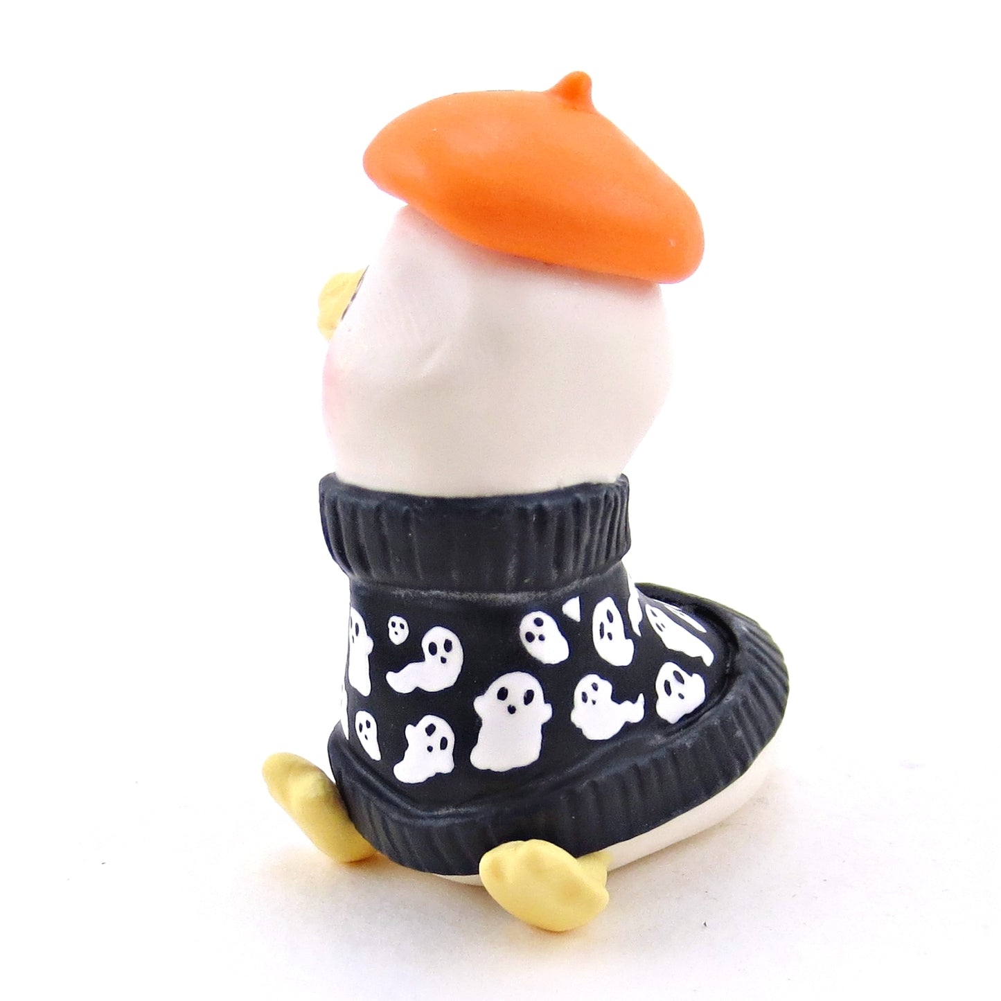 Ghostie Sweater Goose with a Jack O' Lantern Beret Figurine - Polymer Clay Animals Fall and Halloween Collection